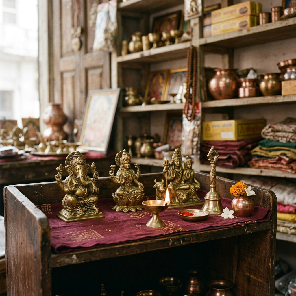 Brass deity idols and puja items available at Sah Prashad Bhandar